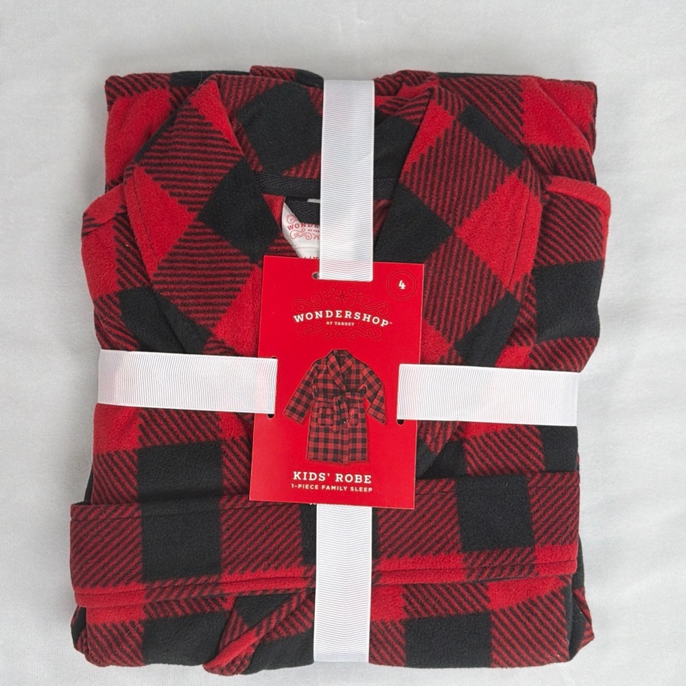Kids Robe w/ Sash‎ & Pockets Red & Black Buffalo Plaid Fleece Unisex - Picture 2 of 5